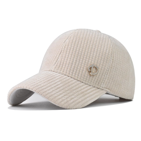 Corduroy Baseball Cap With Rhinestone Alloy Letter D Adjustable Solid Color Vintage Peaked Hat