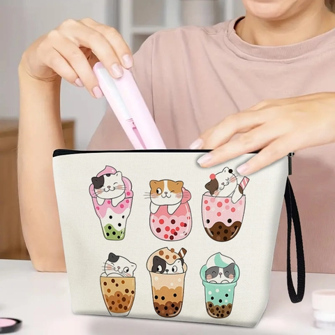 Borsa Per Cosmetici Con Stampa Gatto E Tè Al Latte Astuccio In Lino Grande Capacità Borsa Organizer Per Donne