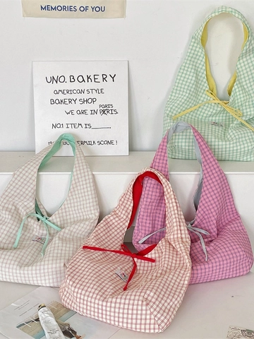 Women Plaid Tote Bag Large Capacity Polyester Shoulder Bag With Tie Bow Chic Casual Handbag For Daily Use