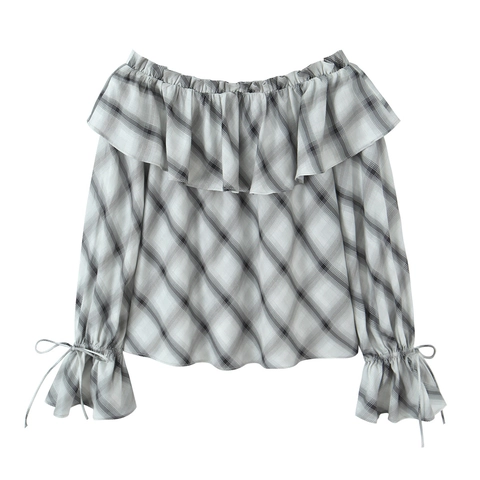 Blusa Con Hombros Descubiertos A Cuadros Poliéster Escote Con Volantes Manga Larga Puños Con Lazo Gris Blanco Negro Top Mujer