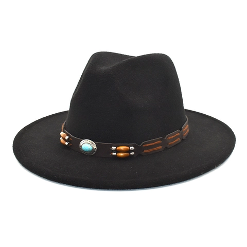 Wide Brim Fedora Hut Wollfilz Bohemian Western Jazz Mütze Mit Kunsttürkis Holzperlen Ledergürtel Dekoration