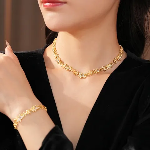 Copper Zircon Square Necklace And Bracelet Luxury Geometric Inlaid Jewelry For Women Elegant