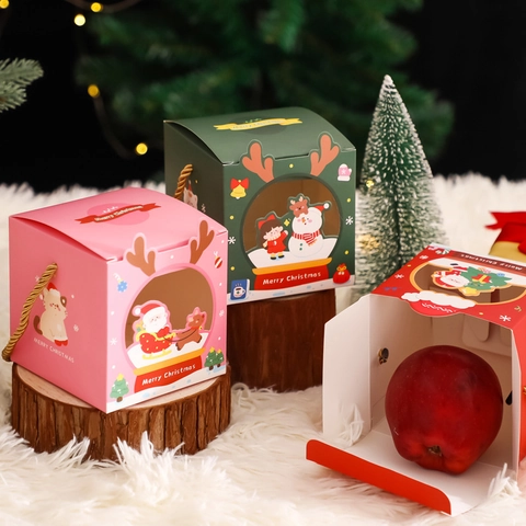 Christmas Gift Packaging Cases Cardboard Handle Transparent Window Cartoon Santa Snowman Reindeer Festive Eve Party Candy Apple Wrapping