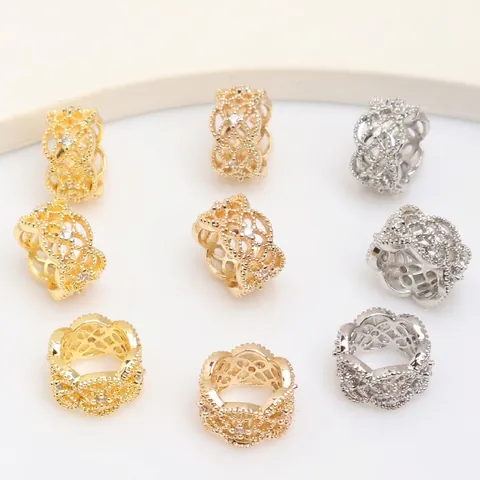 Hollow Large Hole Spacer Beads Copper Gold Plated With Cubic Zirconia For DIY Jewelry Making Bracelet Charm