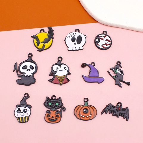 Halloween Alloy Enamel Charms Pumpkin Skull Bat Ghost Witch For DIY Necklace Earring Keychain Jewelry Making Accessories