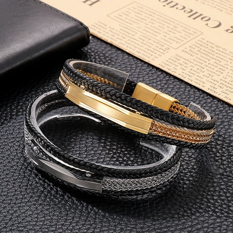 Men Multi-layer Braided Leather Bracelet Stainless Steel Chain Magnetic Clasp Punk Industrial Fashion Jewelry Gift