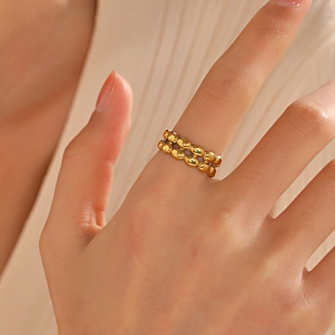 Anillo De Acero Inoxidable Con Doble Fila De Cuentas Abierto Ajustable Geométrico Chapado En Oro Moda Joyería Minimalista Mujer