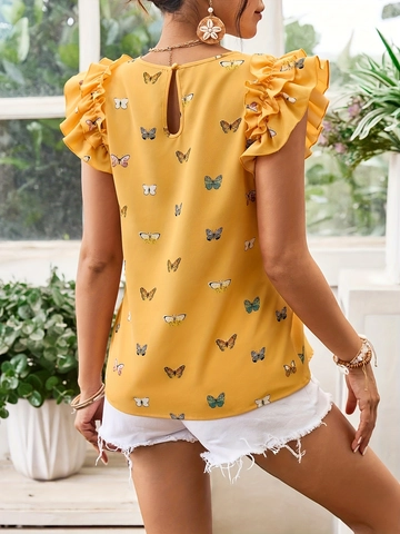 Butterfly Print Blouse Yellow Flutter Sleeve Round Neck Summer Casual Polyester Spandex Top For Women
