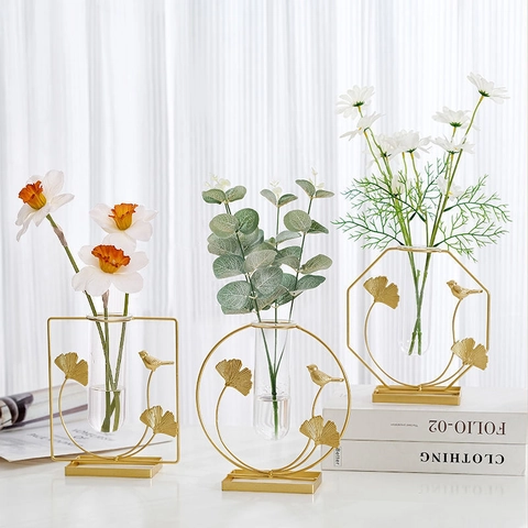 Vase De Culture Hydroponique En Métal Doré Avec Oiseau Et Feuille De Ginkgo Tube À Essai En Verre Décor De Bureau Nordique