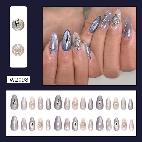 Uñas Postizas Press On Moradas Ojo De Gato Almendra Larga Con Decoración 3D Cristal Estrella Luna Aleación