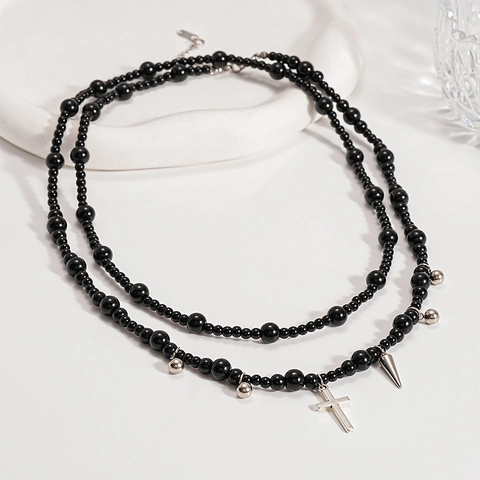 Dubbellaagse Zwarte Glazen Kralen Ketting Met Gelegeerde Kruis En Spike Hangers Gothic Punk Dark Style Voor Dames