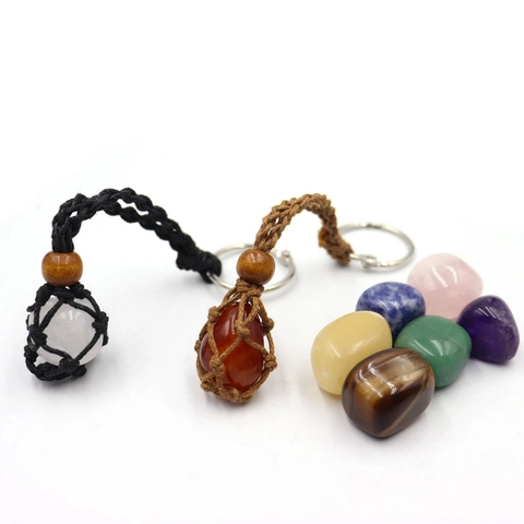 Natural Stone Keychain Handwoven Mesh Bag Crystal Agate Tumbled Stones Wooden Bead Yoga Meditation Hanging Accessory Boho Style