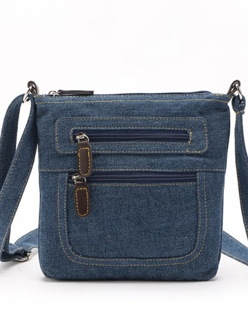 Vintage Denim Umhängetasche Multi Reißverschlusstaschen Lässige Verstellbare Schultertasche Retro Blau Baumwolle