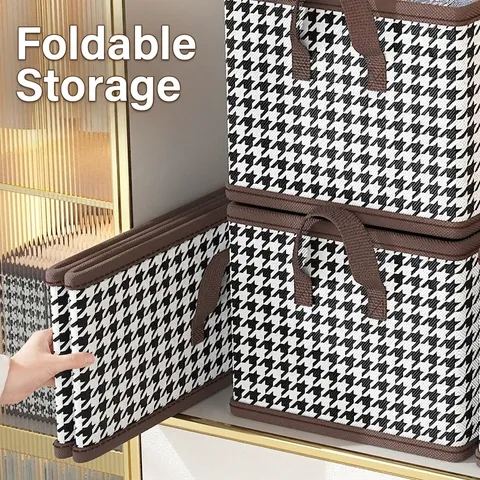 Houndstooth Clothes Storage Box Organizer Foldable Fabric Wardrobe Closet Bin With Handles And PP Board Support