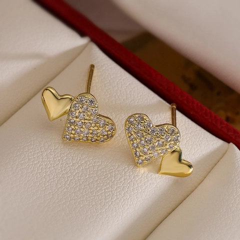 Minimalist Double Heart Stud Earrings For Women Copper With Zircon Inlaid Gold Plated Refined Tiny Jewelry
