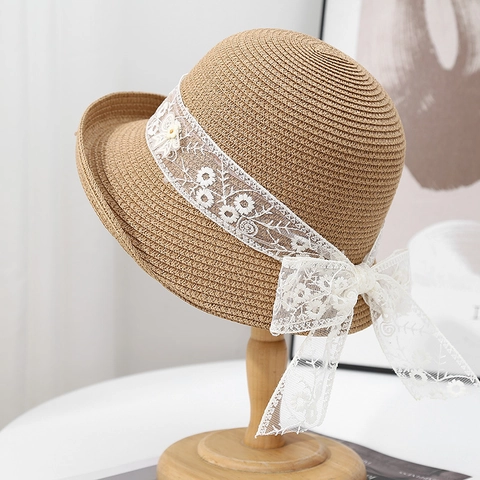 French Style Straw Sun Hat Women Summer Beach Floral Lace Ribbon Bow Breathable Wide Brim Foldable Roll Up Elegant