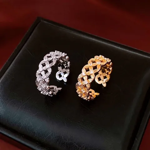 Hohl Gitter Verstellbarer Offener Ring Kupfer 18K Gold Plattiert Zirkonia Eleganter Schmuck Geschenk Frauen