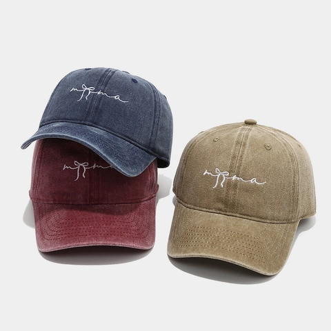Washed Cotton Baseball Cap Damen Sonnenschutz Schleife Mama Buchstaben Stickerei Vintage Verstellbare Freizeithut