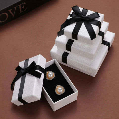 Elegante Schmuck-Geschenkboxen Mit Schwarzer Schleife Texturiertes Papier Für Ohrringe Halsketten Ringe Aufbewahrung