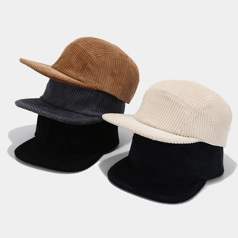 Retro Corduroy Five Panel Cap Flat Brim Adjustable Camper Hat For Men And Women Vintage Streetwear Style Solid Color