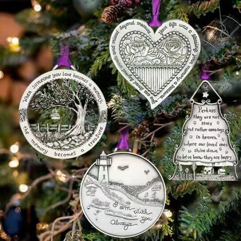 Tree Of Life Memorial Ornament Silver Alloy Engraved Quote Hanging Christmas Tree Decor With Purple Ribbon