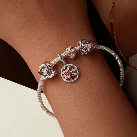 925 Sterling Silver Tree Of Life Rose Flower Heart Beads Charms With Zirconia Two Tone Plated For DIY Bracelet Jewelry Making