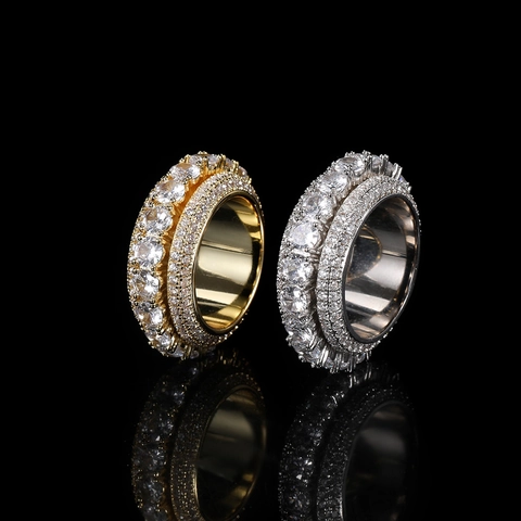 Mehrreihiger Zirkon Spinning Ring Kupfer Vergoldet Hip Hop Iced Out Breites Band Schmuck Für Männer Frauen