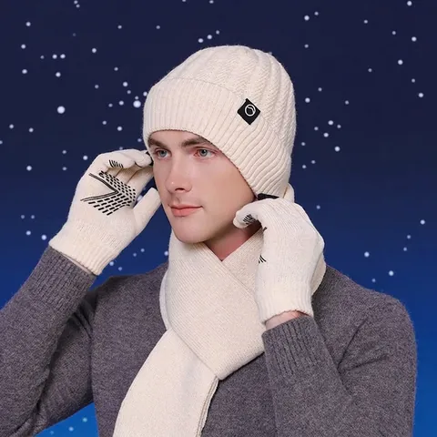 Winter Knitted Beanie Scarf And Gloves Fleece Lined Thermal Touch Screen Men Outdoor Acrylic Ribbed Windproof