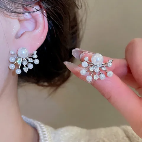 Radial Feuerwerk Künstliche Perlen Ohrstecker Mit Zirkon Und Silbernen Ohrstiften Eleganter Sternenstaub Modeschmuck Für Damen