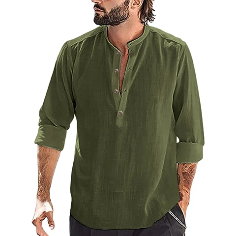 Men's Casual Long Sleeve Henley Shirt Stand Collar Cotton Blend Linen Texture Solid Color Comfortable Breathable Shirt Top