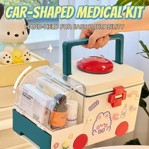 Graziosa Scatola Per Medicinali A Forma Di Ambulanza Doppio Strato Plastica Portatile Kit Di Pronto Soccorso Per Casa Bambini