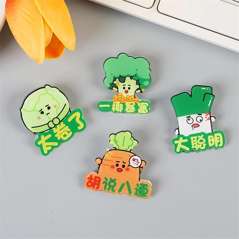 Broche En Acrylique Légumes Dessin Animé Badge Drôle Texte Motivateur Épingle Pour Sac À Dos Vêtements Accessoires