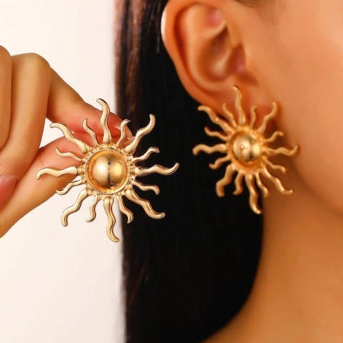 Vintage Sonnenstrahl Legierung Ohrringe Halskette Für Frauen Übertriebenes Boho Sonnen Design Modeaccessoire Gold Silber Ton