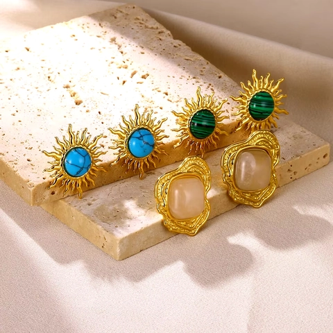 Boho Stainless Steel Stud Earrings Gold Plated Flower Leaf Sun Design Vintage Jewelry For Women And Adjustable Ring