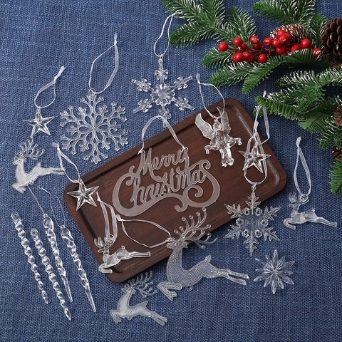 Clear Acrylic Christmas Hanging Ornaments Snowflakes Reindeer Stars Icicles Angel Shapes Transparent Holiday Tree Decorations