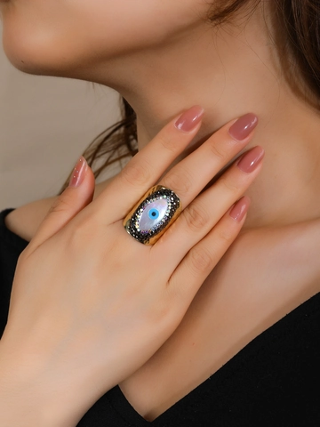 Bague Ouverte Vintage Oeil d'Evil Avec Nacre Coquille Strass Plaqué Or 14K Ajustable Bijoux de Doigt Ethniques pour Femme