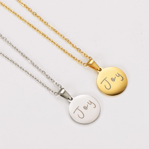 Joy Engraved Round Pendant Necklace Minimalist 304 Stainless Steel 18K Gold Plated Jewelry For Women