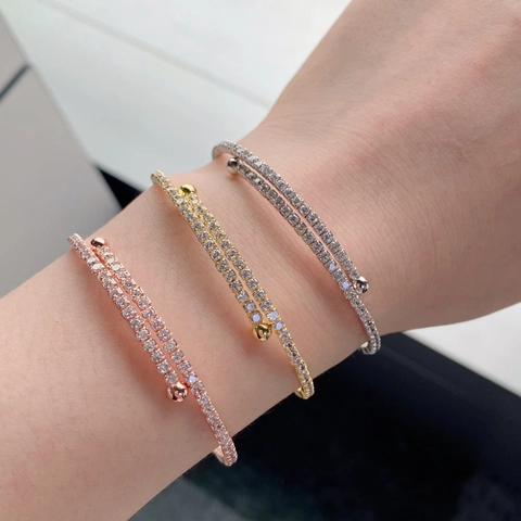 Double Layer Wrap Bangle 925 Sterling Silver Cubic Zirconia Adjustable Open Bracelet Minimalist Fashion Jewelry For Women