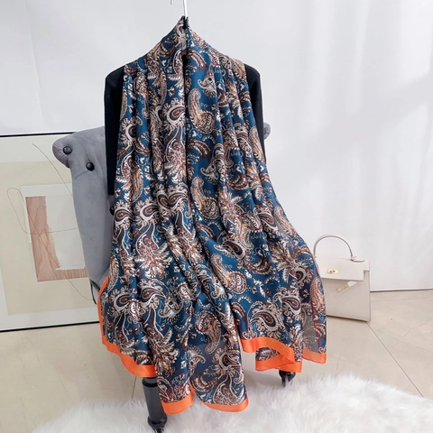 Women Elegant Large Paisley Printed Polyester Scarf Fashion Silk Like Sun Protection Decorative Beach Shawl Wrap Scarf For Daily