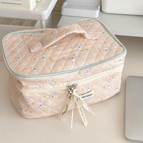 Borsa Da Toilette In Cotone Trapuntato Grande Capacità Organizzatore Trucco Portatile Motivo Floreale Ciliegie Coniglio