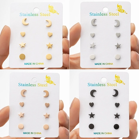 Set da 4 Paia di Orecchini a Bottone in Acciaio Inossidabile per Donna Minimalisti Geometrici Luna Stella Cuore