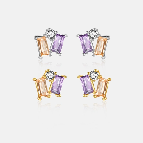 Geometric 925 Sterling Silver Rhinestone Stud Earrings For Women Elegant Champagne Purple Gemstone Ear Jewelry