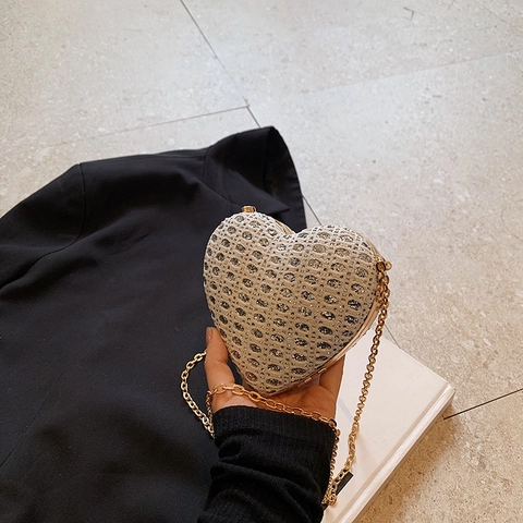 Borsa A Tracolla A Forma Di Cuore Pelle PU Strass Paillettes Pochette Da Sera Catena Dorata Festa Matrimonio Moda Donna