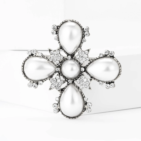 Broche Barroco Vintage Con Perla Artificial Y Diamantes De Imitación Elegante Pin De Aleación Con Forma De Flor Cruzada Para Mujer Accesorio De Ropa De Boda