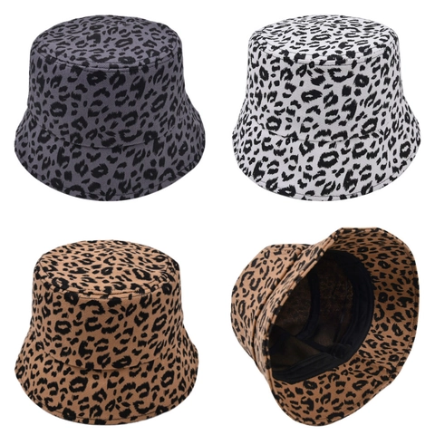 Sombrero de Pescador de Algodón con Estampado de Leopardo para Mujer Hombre Protección Solar Ala Ancha Moda Callejera