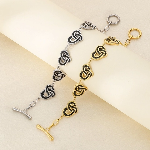 Pulsera De Nudo De Corazón De Acero Inoxidable Vintage Con Cierre De Palanca Esmalte Negro Joyería De Moda Para Mujer