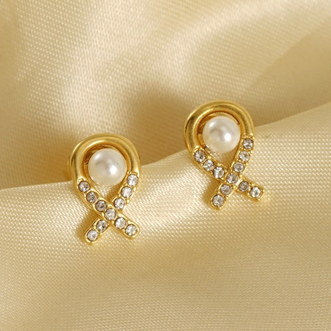 Orecchini A Lobo Eleganti Acciaio Inossidabile Placcato Oro 18K Con Strass E Perla Artificial Imitazione Stile Francese Donna