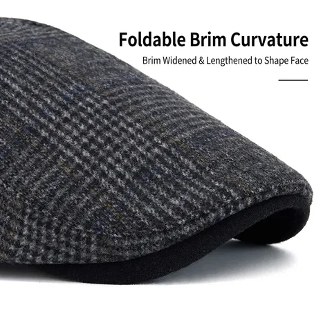 Vintage British Plaid Flat Cap Men Wool Blend Warm Fleece Lined Adjustable Ivy Hat Retro Winter