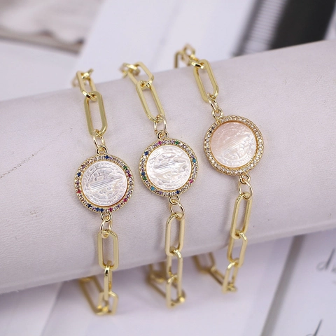 Bracciale Vintage Religioso con Ciondolo a Moneta Vergine Maria per Donna Catena a Graffetta Oro Madreperla Intarsiata Zirconia