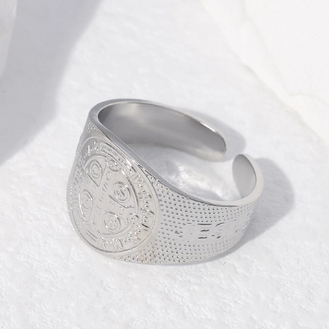 Anello Medaglia San Benedetto Acciaio Inossidabile Croce Religiosa Gesù Inciso Regolabile Aperto Gioielli Retro Per Uomini Donne
